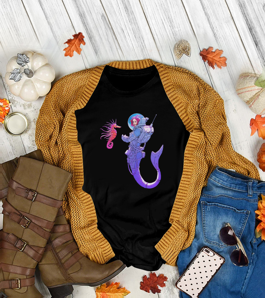 Space Mermaid Astronaut with Seahorse Companion T-Shirt