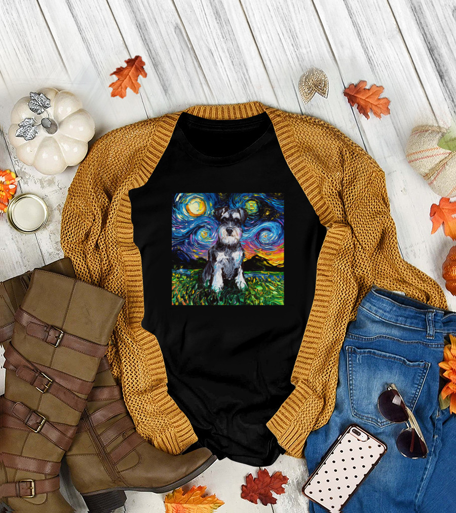 Schnauzer Starry Night Van Gogh T-Shirt