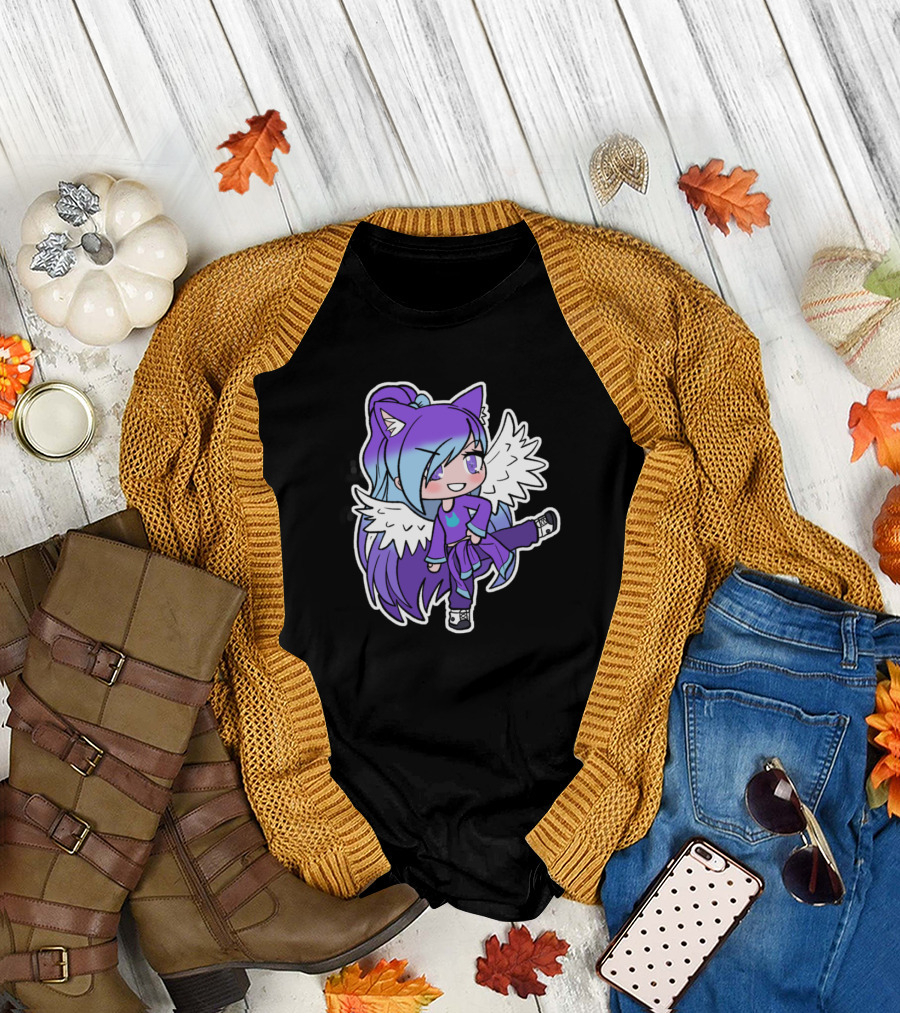 Purple Winged Gacha Character with Cat Ears and Blue Hair T-Shirt