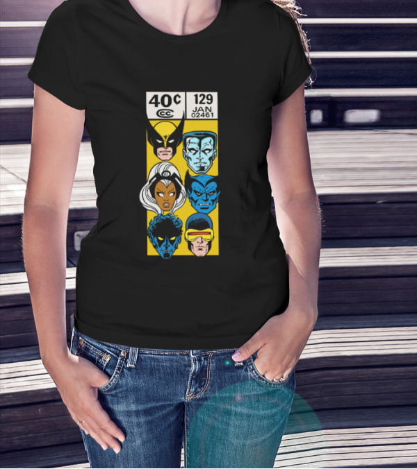 40c CC Xmen 129 Jan Yellow Box Wolverine Storm Beast Cyclops T-Shirt