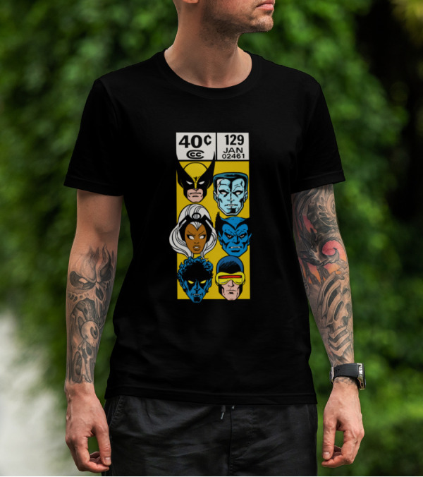 40c CC Xmen 129 Jan Yellow Box Wolverine Storm Beast Cyclops T-Shirt
