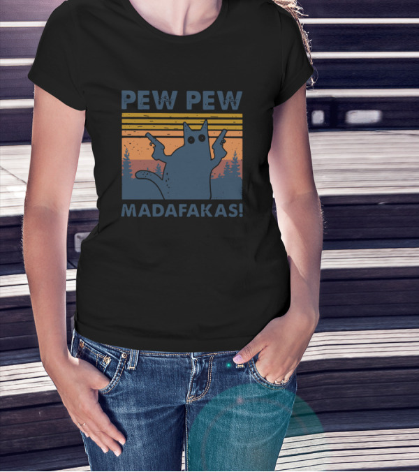 Pew Pew Madafakas Cat Vintage Forest Sunset T-Shirt