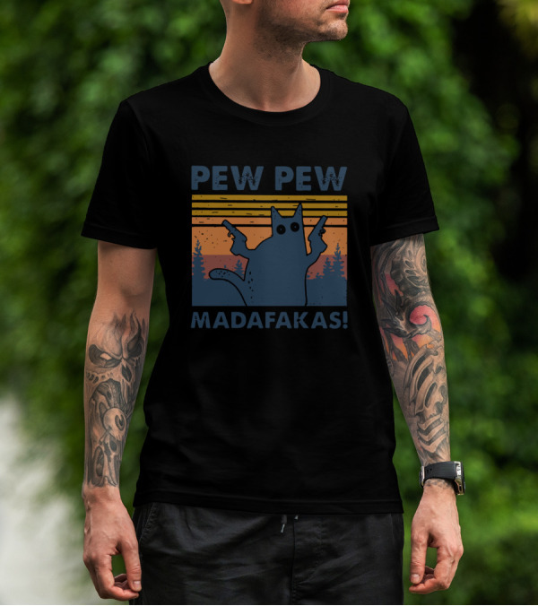 Pew Pew Madafakas Cat Vintage Forest Sunset T-Shirt