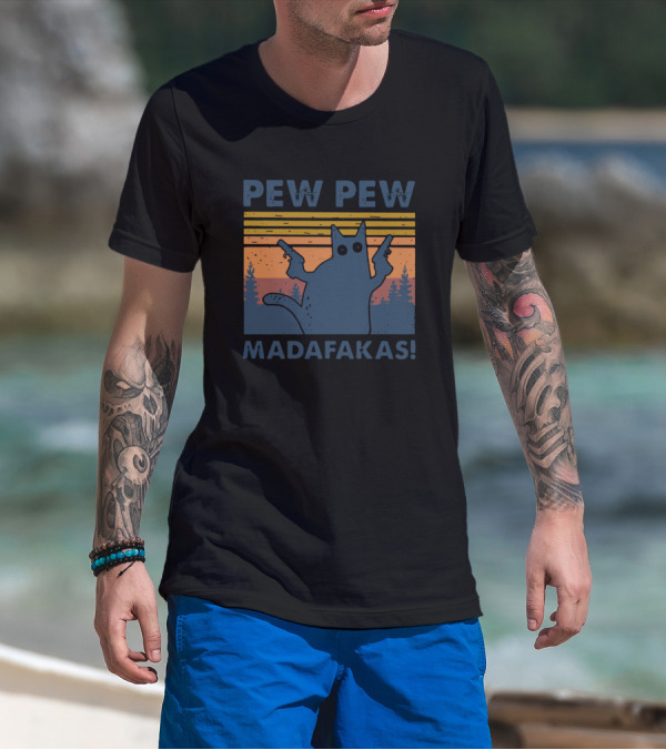 Pew Pew Madafakas Cat Vintage Forest Sunset T-Shirt