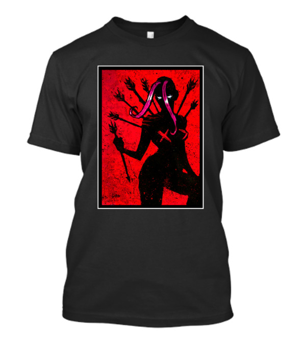Demoness Demoness By In Goad We Trust Red Six-Armed Shadow Silhouette With Pink And Purple Tentacles On Black T-Shirt