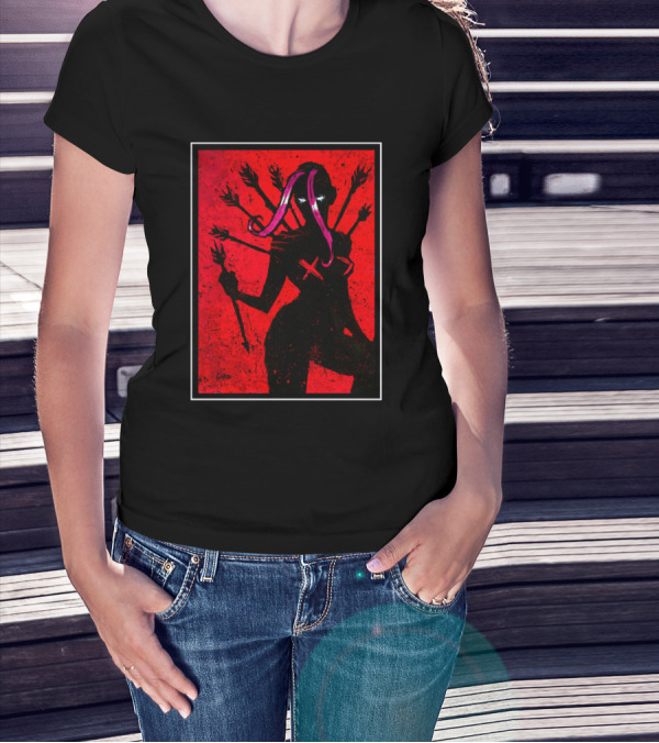 Demoness Demoness By In Goad We Trust Red Six-Armed Shadow Silhouette With Pink And Purple Tentacles On Black T-Shirt
