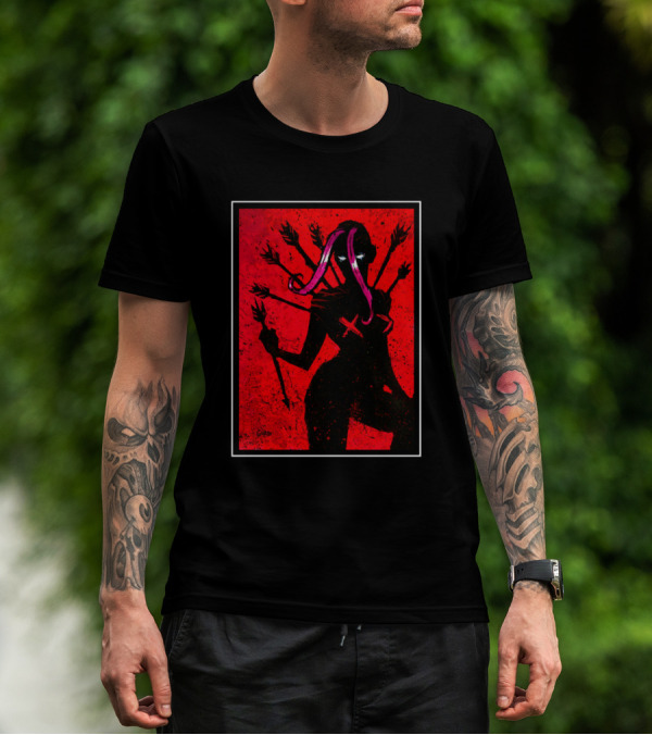 Demoness Demoness By In Goad We Trust Red Six-Armed Shadow Silhouette With Pink And Purple Tentacles On Black T-Shirt