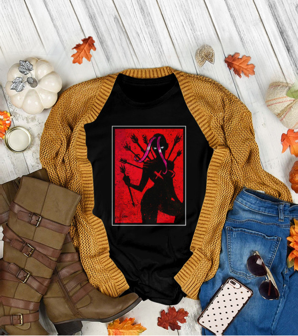 Demoness Demoness By In Goad We Trust Red Six-Armed Shadow Silhouette With Pink And Purple Tentacles On Black T-Shirt
