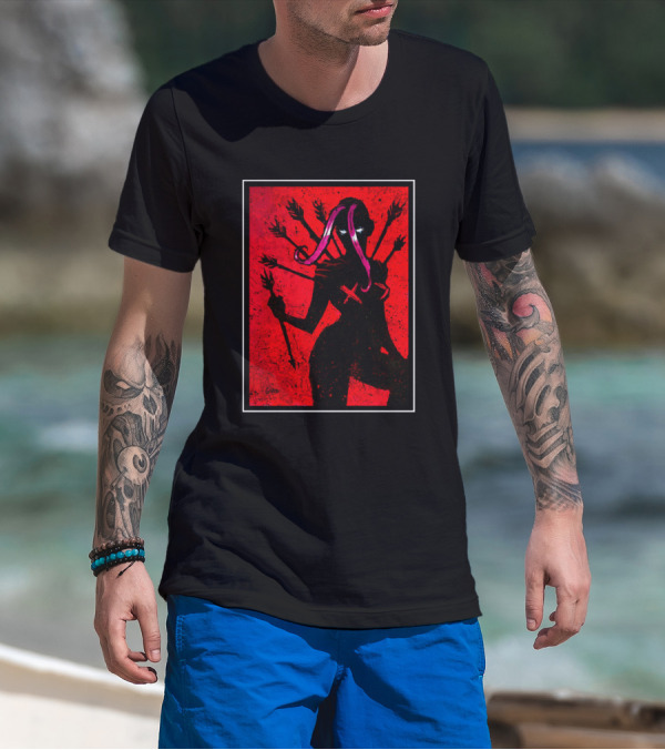 Demoness Demoness By In Goad We Trust Red Six-Armed Shadow Silhouette With Pink And Purple Tentacles On Black T-Shirt