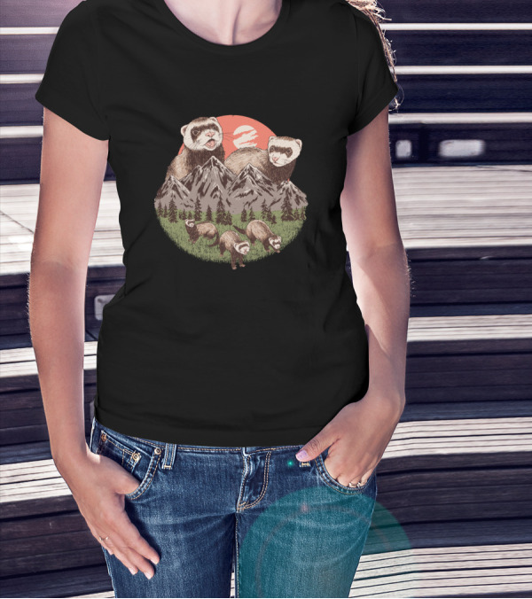 Ferret Mountain Adventure With Playful Ferrets And Scenic Peaks T-Shirt