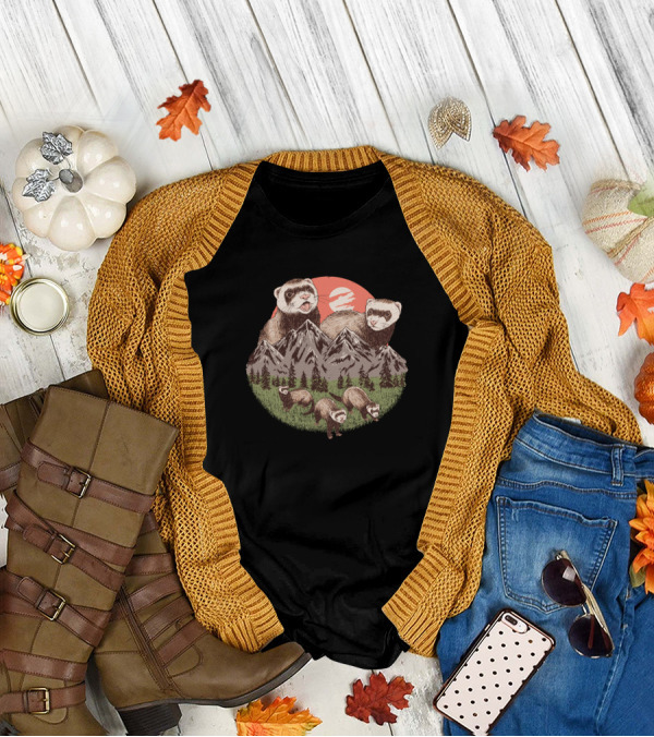 Ferret Mountain Adventure With Playful Ferrets And Scenic Peaks T-Shirt