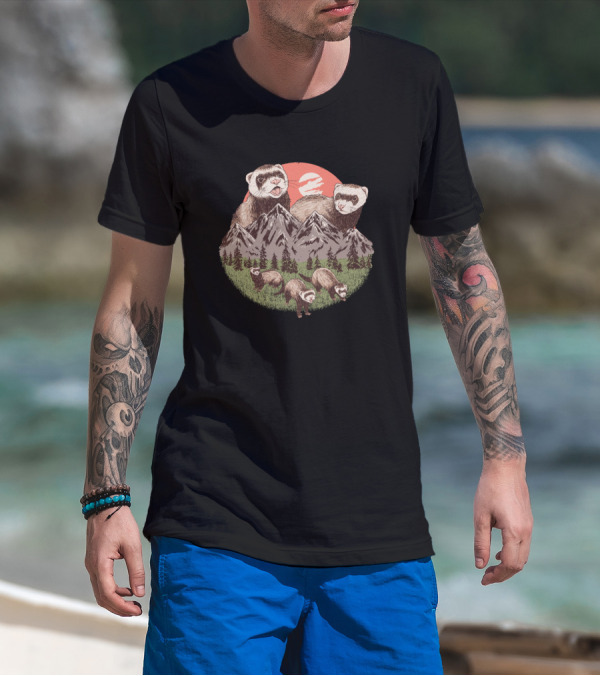 Ferret Mountain Adventure With Playful Ferrets And Scenic Peaks T-Shirt