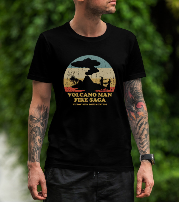 Volcano Man Fire Saga Eurovision Song Contest Retro Silhouette Scene T-Shirt