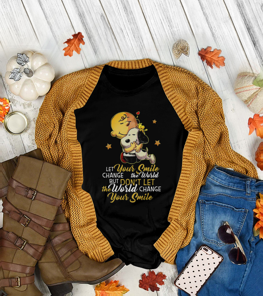 Charlie Brown Snoopy Let Your Smile Change the World Hugging Stars T-Shirt