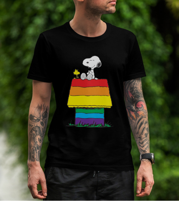 Pride Snoopy Sitting On Rainbow Doghouse With Woodstock T-Shirt