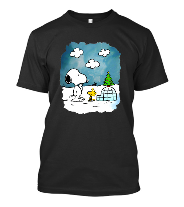 Snoopy And Woodstock With Igloo And Christmas Tree In Snow Scene T-Shirt