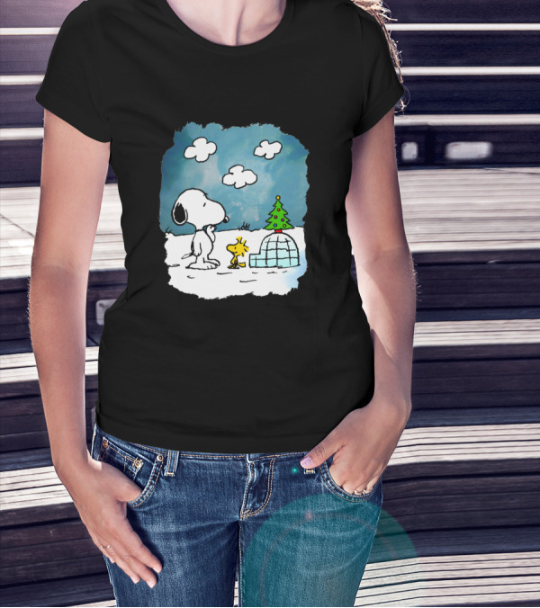Snoopy And Woodstock With Igloo And Christmas Tree In Snow Scene T-Shirt