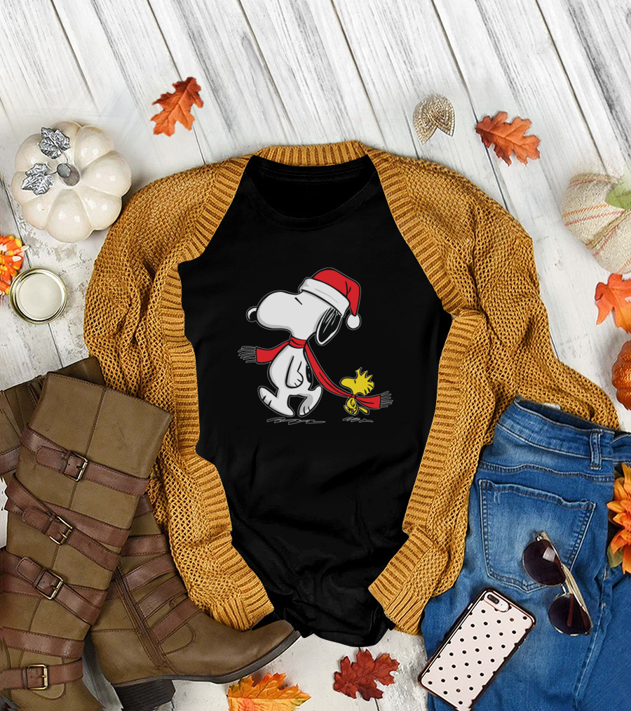 Snoopy and Woodstock Christmas Santa Hat and Scarf T-Shirt