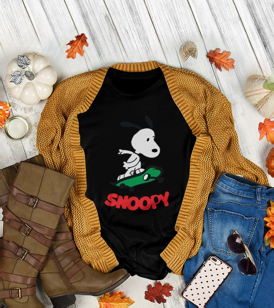 Snoopy Riding Skateboard with Snoopy Text T-Shirt