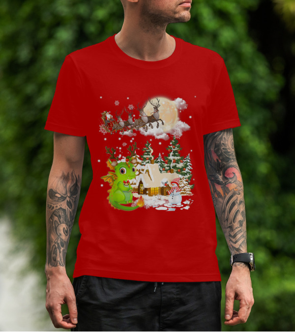 Santa's Sleigh Ride Over Snowy Village With Festive Dragon T-Shirt