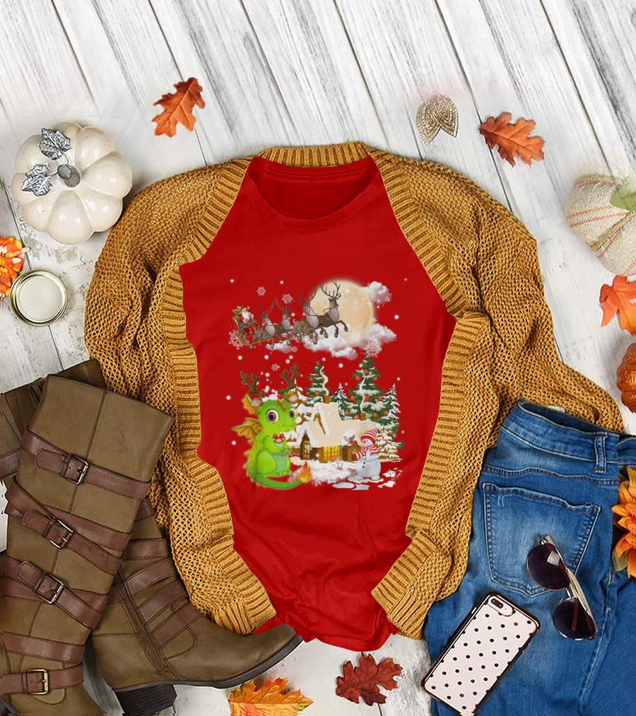 Santa's Sleigh Ride Over Snowy Village With Festive Dragon T-Shirt
