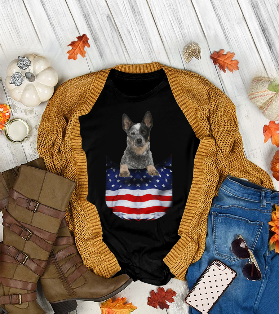 Australian Cattle Dog Pocket Funny American Flag Dog T-Shirt