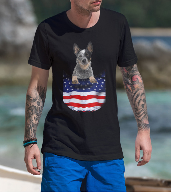 Australian Cattle Dog Pocket Funny American Flag Dog T-Shirt