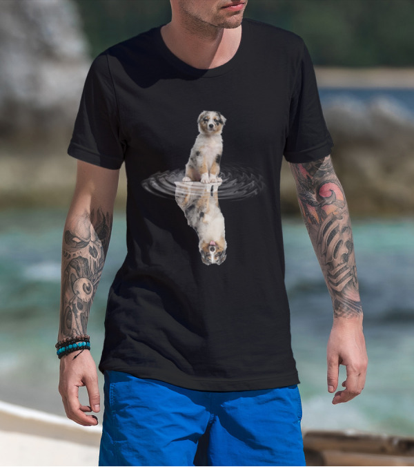 Australian Shepherd Puppy Reflection In Water Ripple T-Shirt