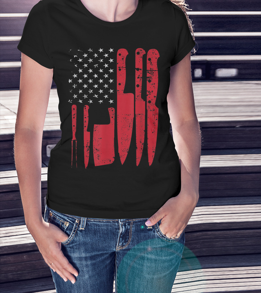 American Flag Stars Butcher Knife Set Vintage Look T-Shirt