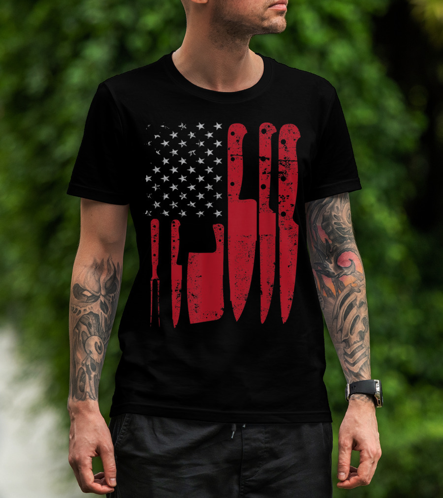 American Flag Stars Butcher Knife Set Vintage Look T-Shirt