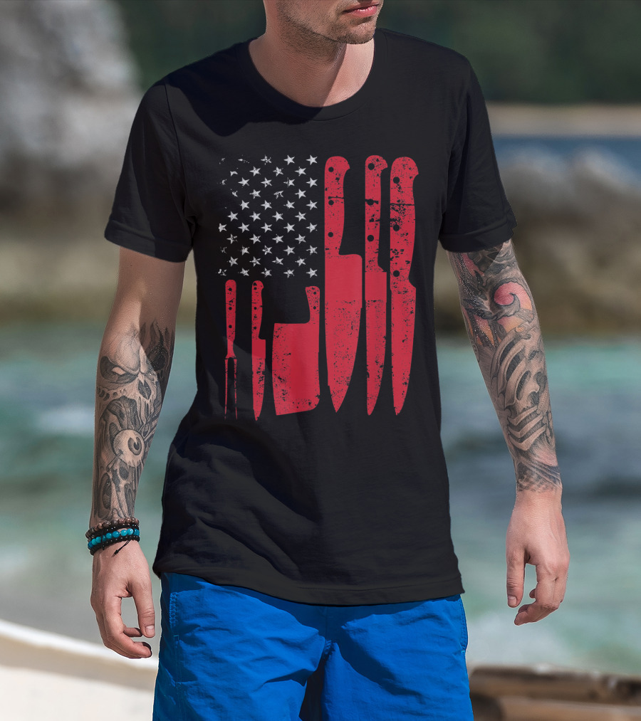 American Flag Stars Butcher Knife Set Vintage Look T-Shirt