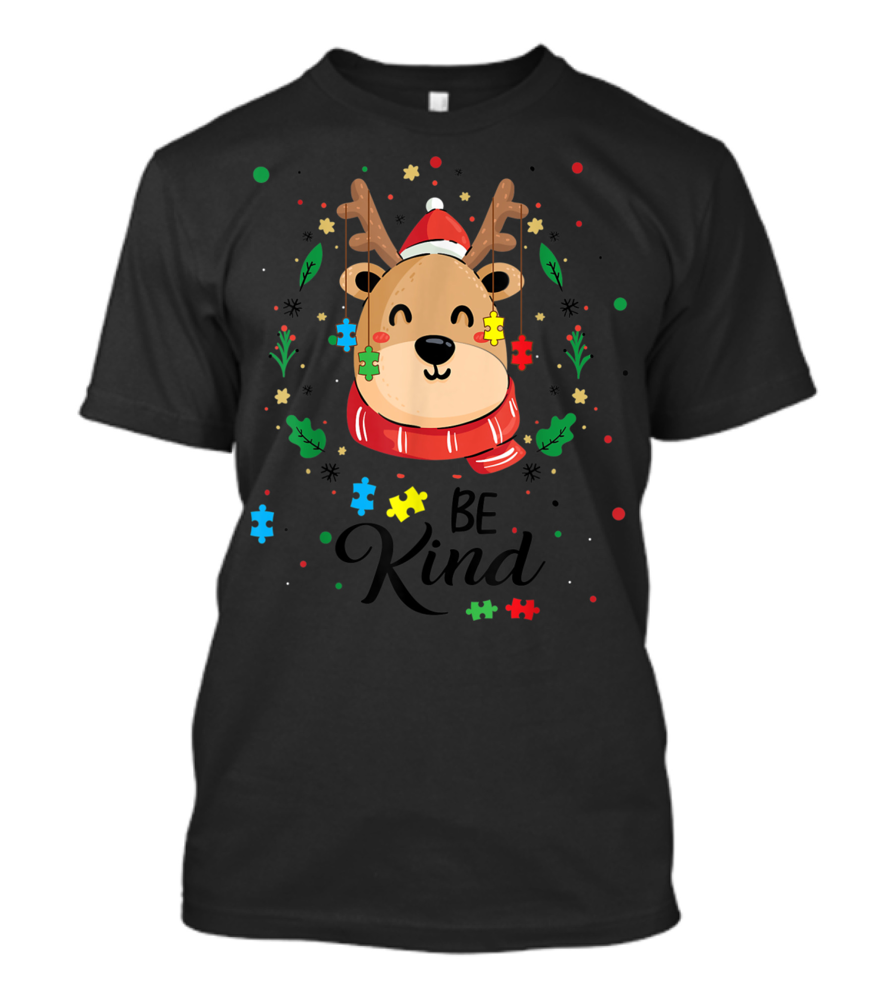 Be Kind Reindeer With Santa Hat And Colorful Puzzle Pieces Autism T-Shirt