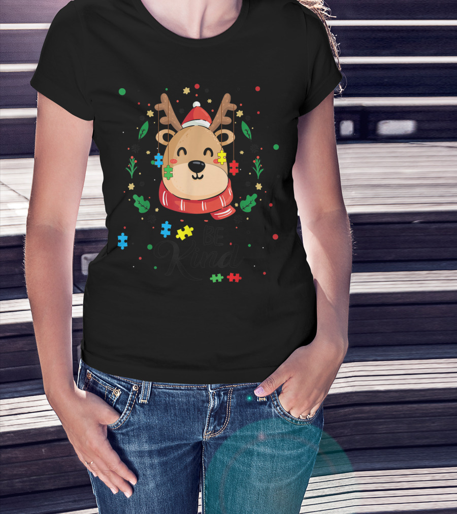 Be Kind Reindeer With Santa Hat And Colorful Puzzle Pieces Autism T-Shirt