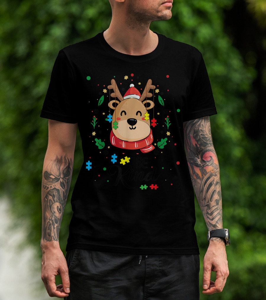 Be Kind Reindeer With Santa Hat And Colorful Puzzle Pieces Autism T-Shirt