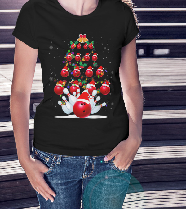 Bowling Ball Christmas Tree With Santa Hats And Snowflakes T-Shirt