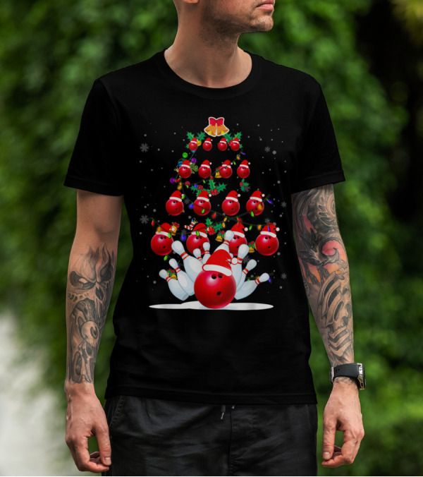Bowling Ball Christmas Tree With Santa Hats And Snowflakes T-Shirt