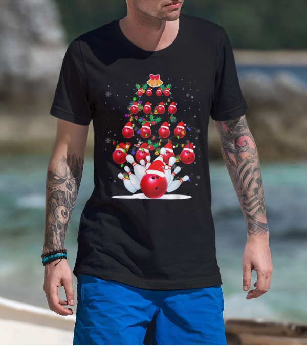 Bowling Ball Christmas Tree With Santa Hats And Snowflakes T-Shirt