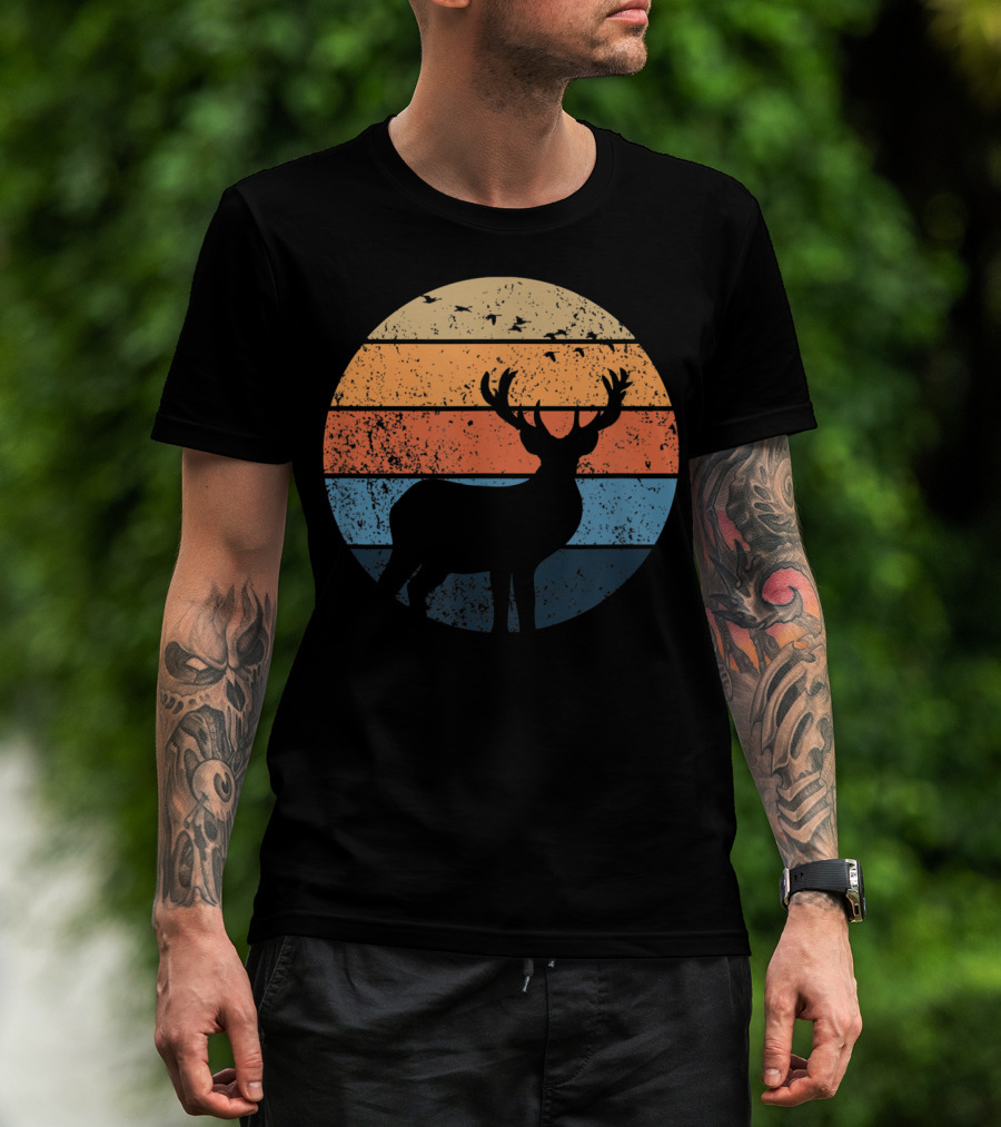 Deer Silhouette Retro Sunset With Flying Birds T-Shirt