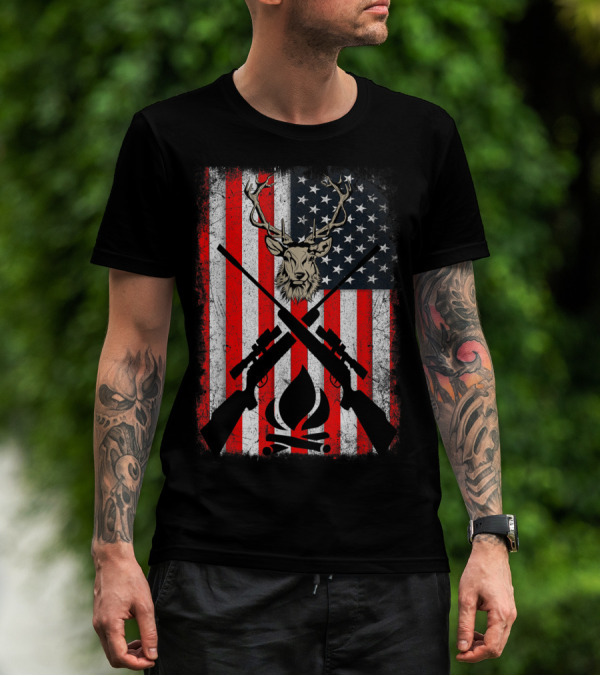 Patriotic Deer Hunting With American Flag And Rifles T-Shirt