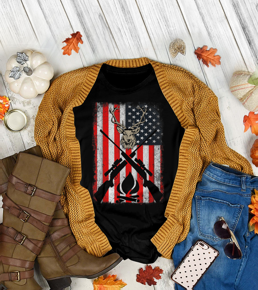 Patriotic Deer Hunting with American Flag and Rifles T-Shirt