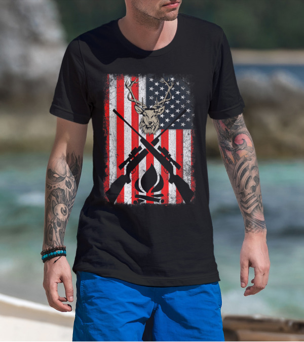 Patriotic Deer Hunting With American Flag And Rifles T-Shirt