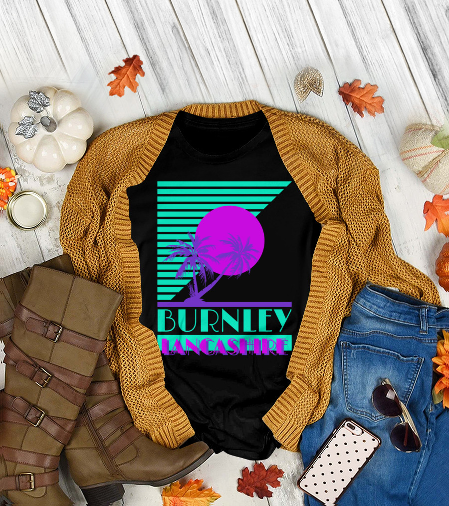 Burnley Lancashire 80s Style Retro Palm Trees and Sunset T-Shirt