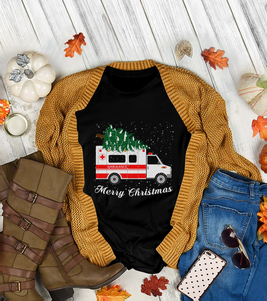 Merry Christmas Ambulance Carrying Christmas Tree in Snowfall T-Shirt