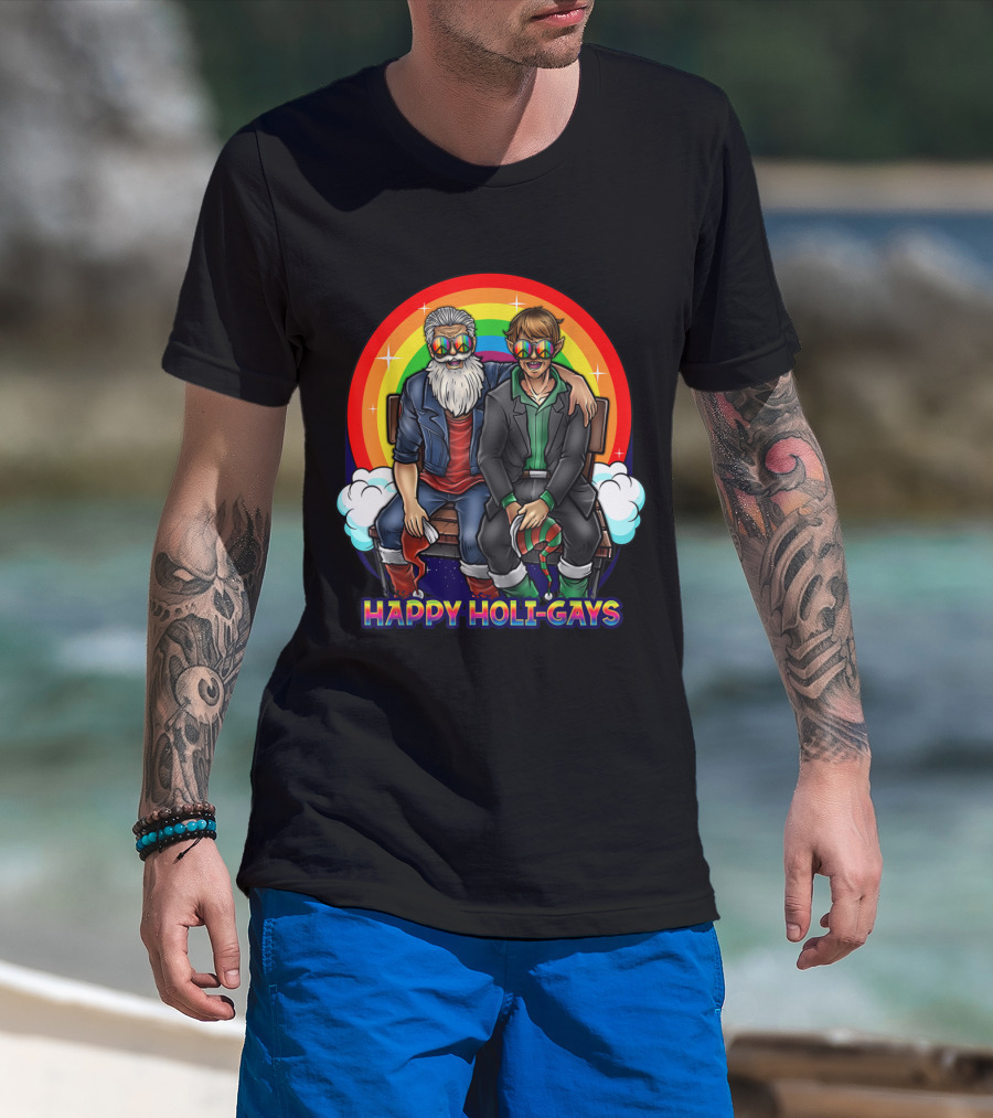 Happy Holi-Gays Funny Rainbow Santa And Elf Christmas T-Shirt