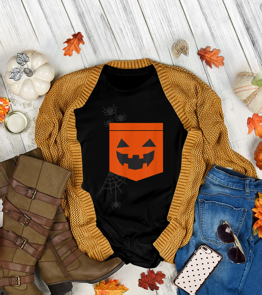 Happy Halloween Pumpkin with Spiderweb and Creepy Faces T-Shirt