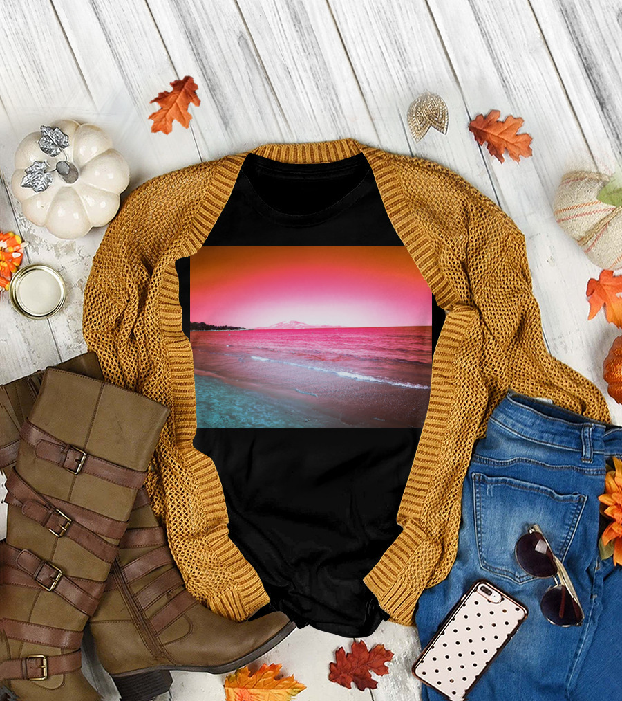 Pink Beach Sunset Seaside Horizon Landscape Ocean View T-Shirt
