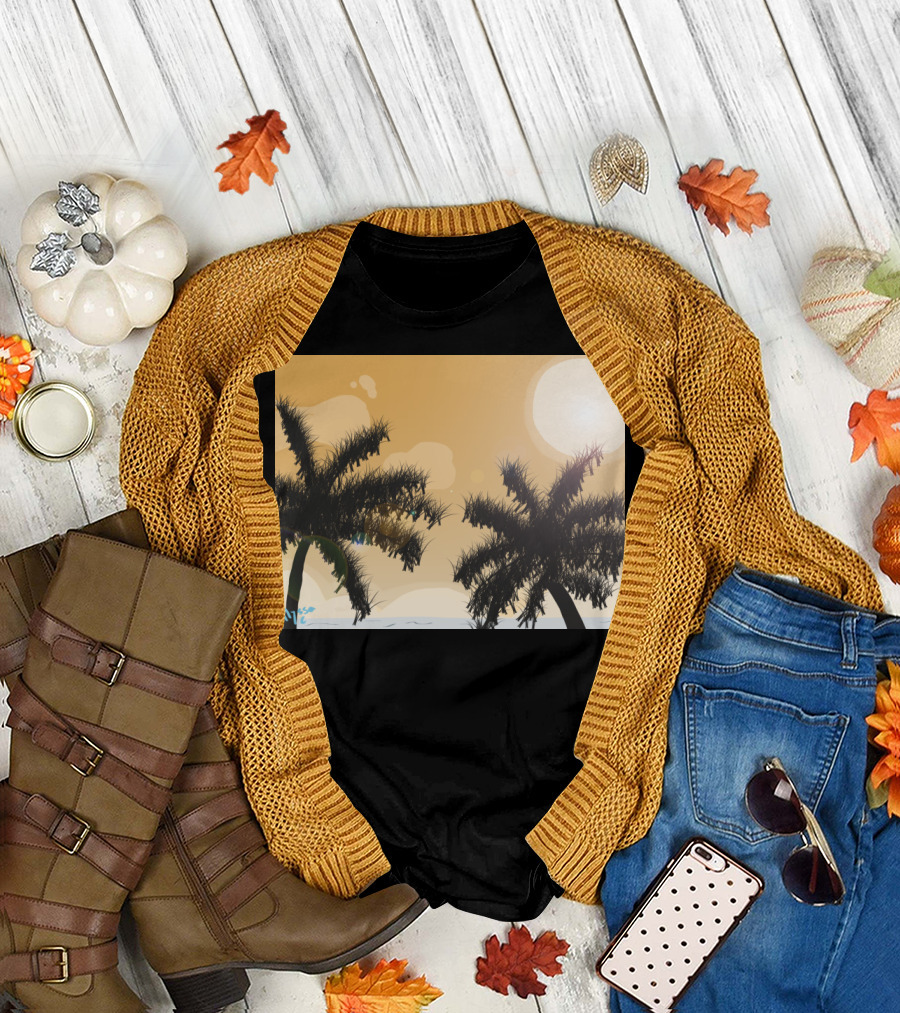 Beach Breeze Tropical Palm Sunset Ocean Scene T-Shirt