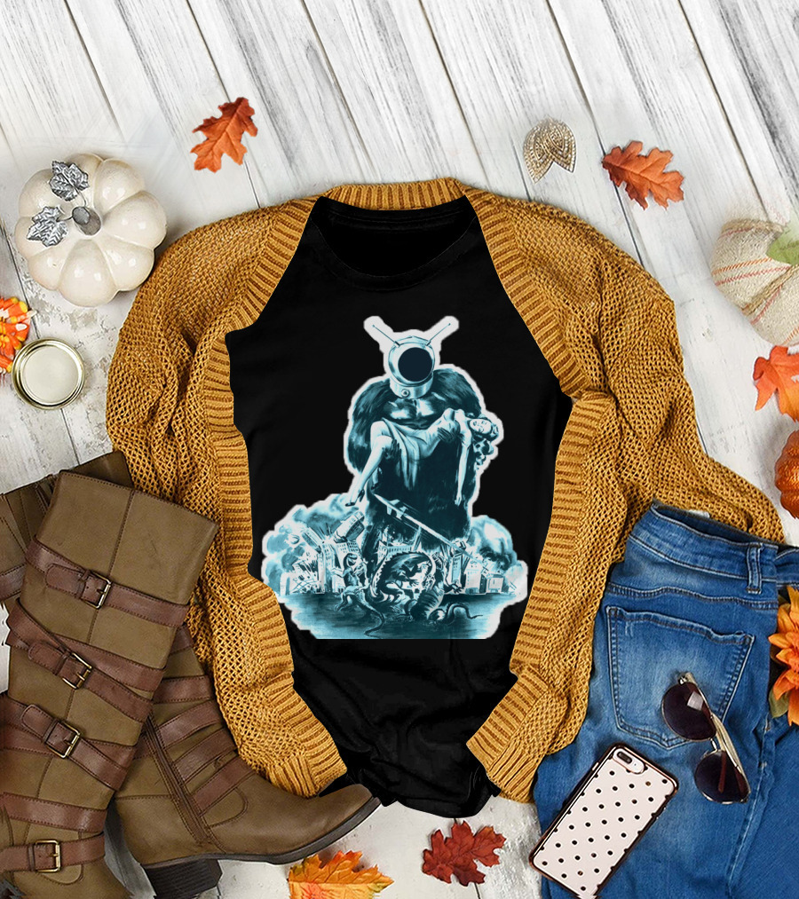 Giant Alien Robot Monster with Woman Over Ruined City and Sea Creatures T-Shirt