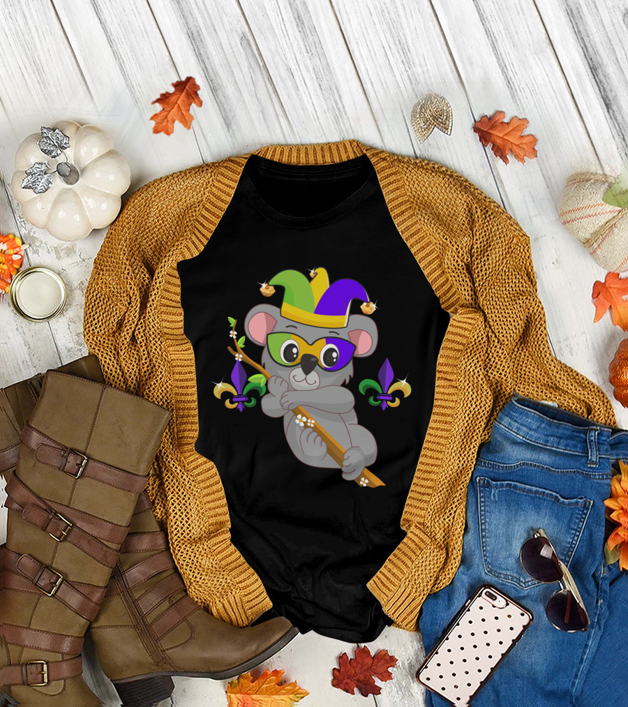 Mardi Gras Koala with Jester Hat and Fleur-de-Lis Elements T-Shirt