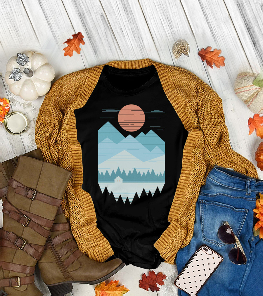 Cabin in the Snow with Geometric Mountains and Red Sun T-Shirt